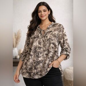 Honey Me Curvy XL Floral Blouse Boho Flowy Tunic Tie Neck Boutique Top